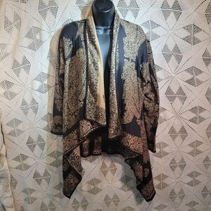 J. Jill small Open Front Long Cardigan Sweater Paisley Black Tan Waterfall Wrap